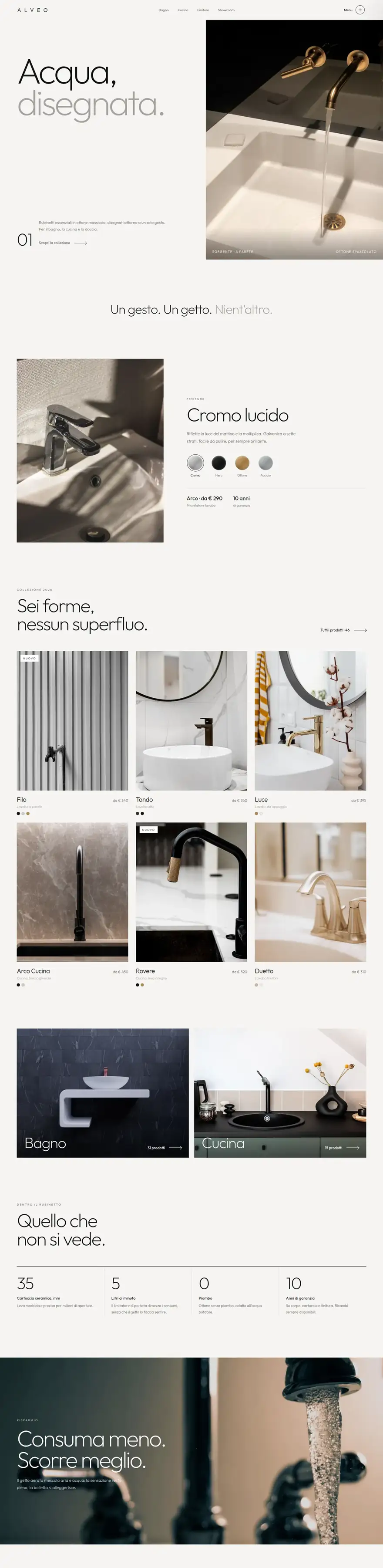 La pagina del sito di Alveo (rubinetteria di design), concept di ACXION Studio