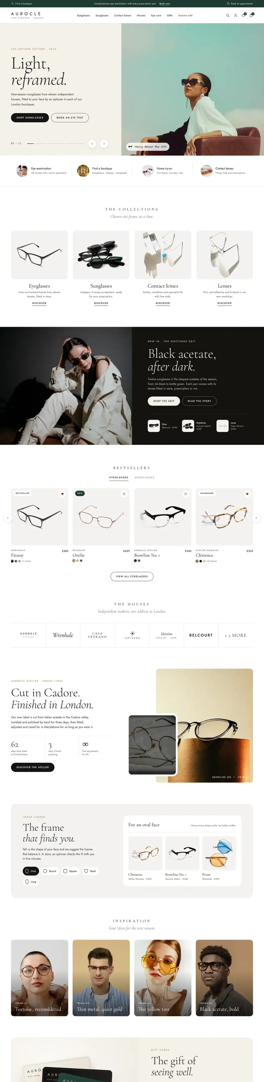 La pagina del sito di Aurocle (ottica e occhiali di lusso), concept di ACXION Studio