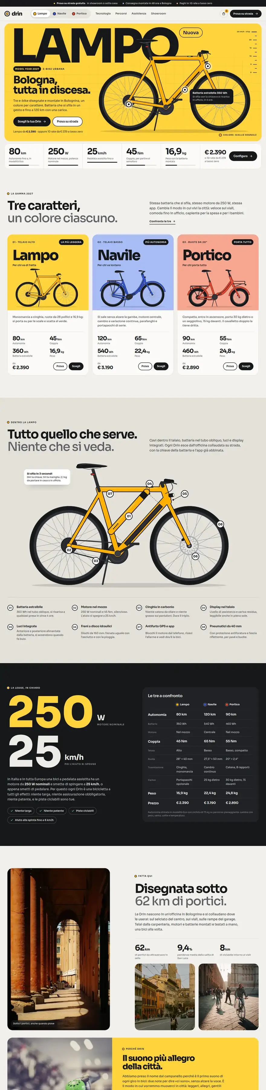 La pagina del sito di Drin (e-bike urbane), concept di ACXION Studio
