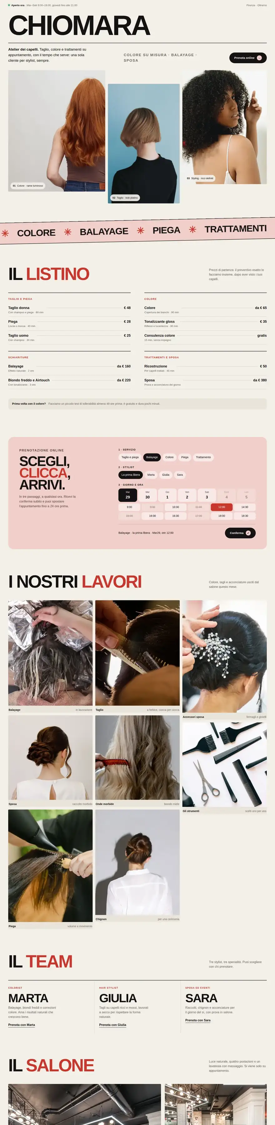 La pagina del sito di Chiomara (atelier dei capelli), concept di ACXION Studio