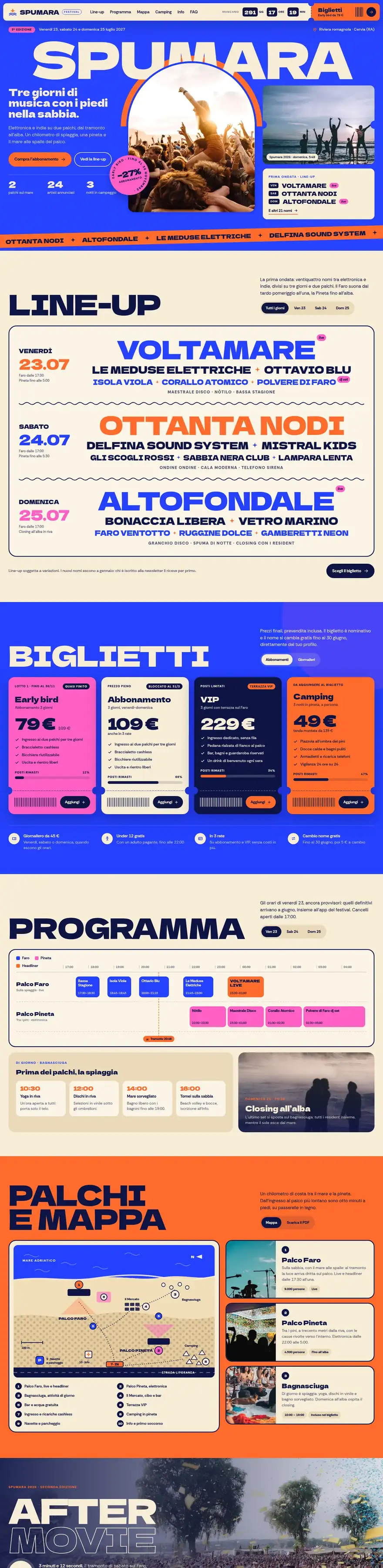 La pagina del sito di Spumara Festival (festival musicale sul mare), concept di ACXION Studio