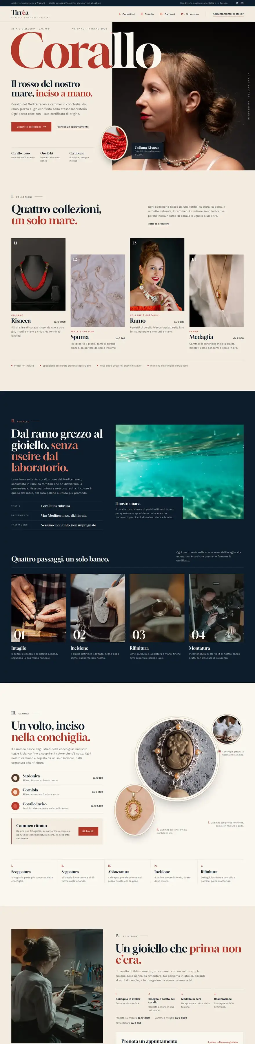La pagina del sito di Tirrèa (alta gioielleria in corallo e cammei), concept di ACXION Studio