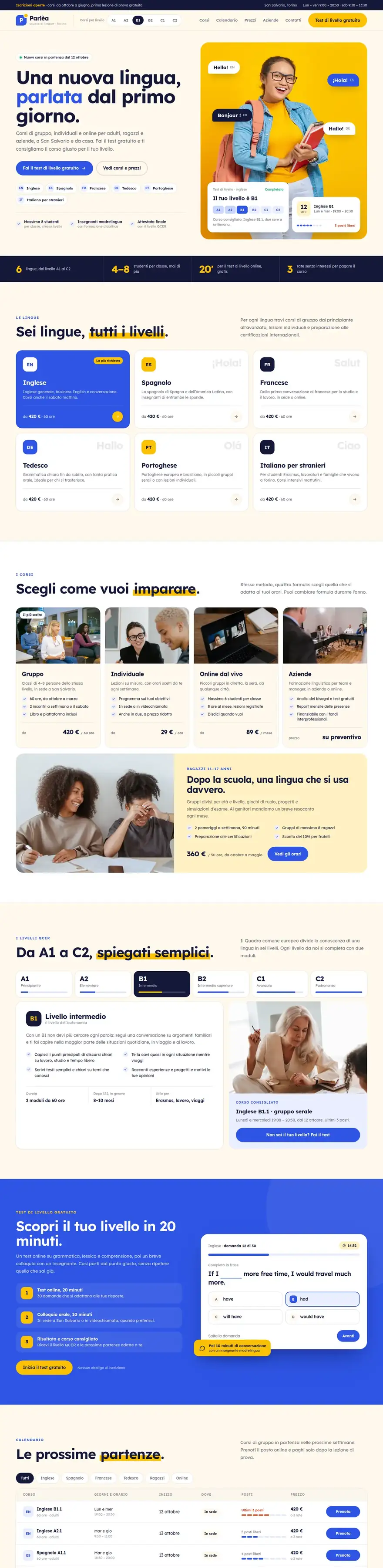 La pagina del sito di Parlèa (scuola di lingue), concept di ACXION Studio