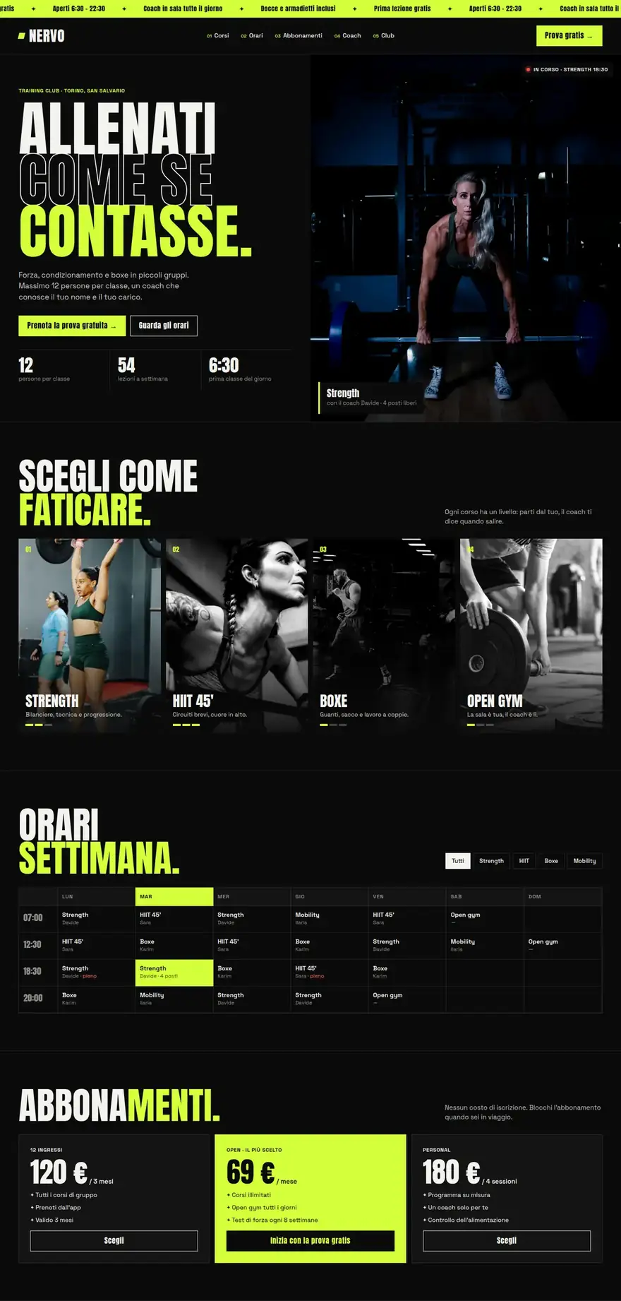 La pagina del sito di NERVO (palestra e training club), concept di ACXION Studio