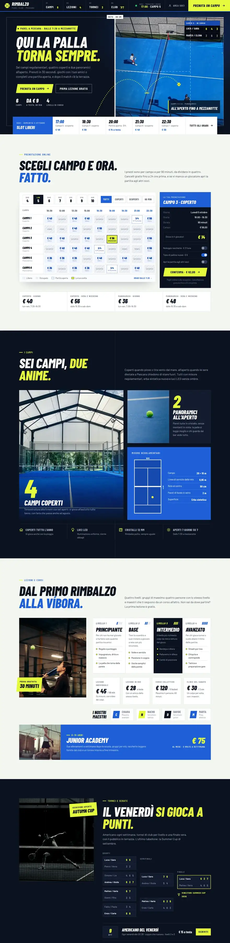 La pagina del sito di Rimbalzo Padel Club (padel club), concept di ACXION Studio