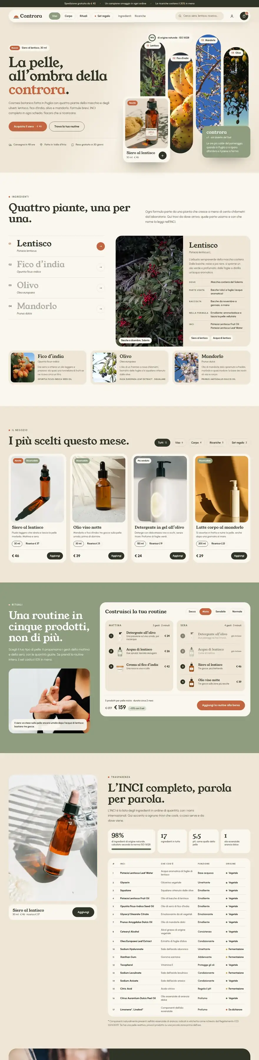 La pagina del sito di Controra (cosmesi naturale), concept di ACXION Studio