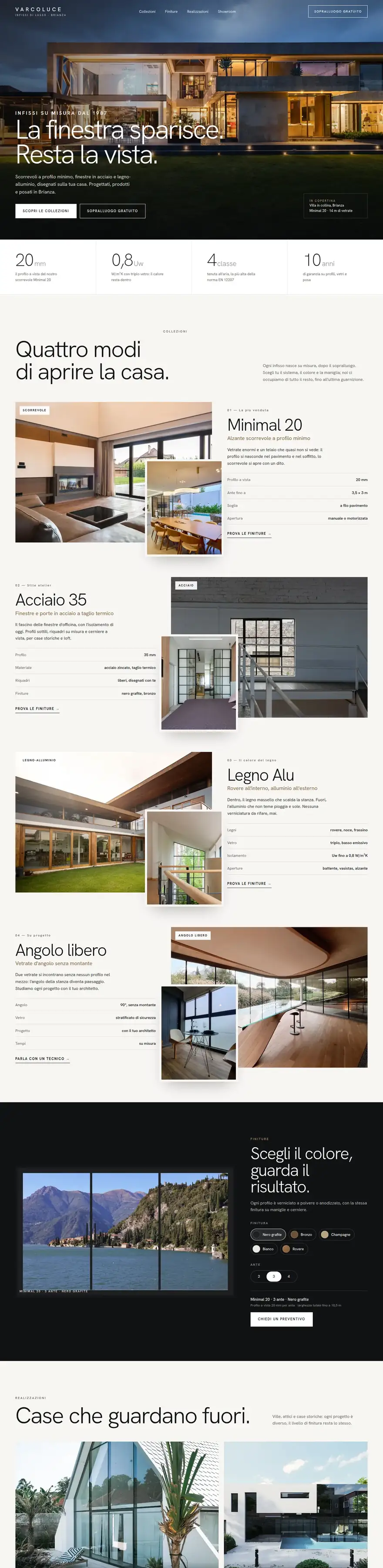 La pagina del sito di Varcoluce (infissi di lusso), concept di ACXION Studio