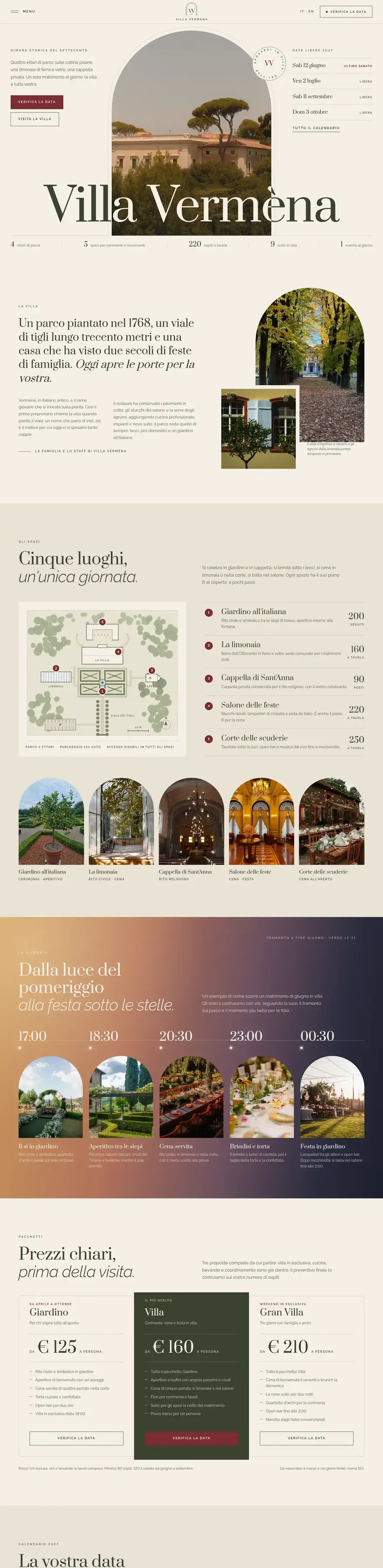 La pagina del sito di Villa Vermèna (villa per matrimoni e ricevimenti), concept di ACXION Studio
